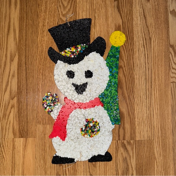 Vintage 1970s Melted Plastic Popcorn Snowman Wall Hanging Christmas Decoration - Picture 2 of 3